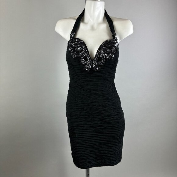 Vtg 90s Bari Jay Black Mini Coffin Ruched Halter Dress Deep V Sequins Size 3/4 - Picture 1 of 6